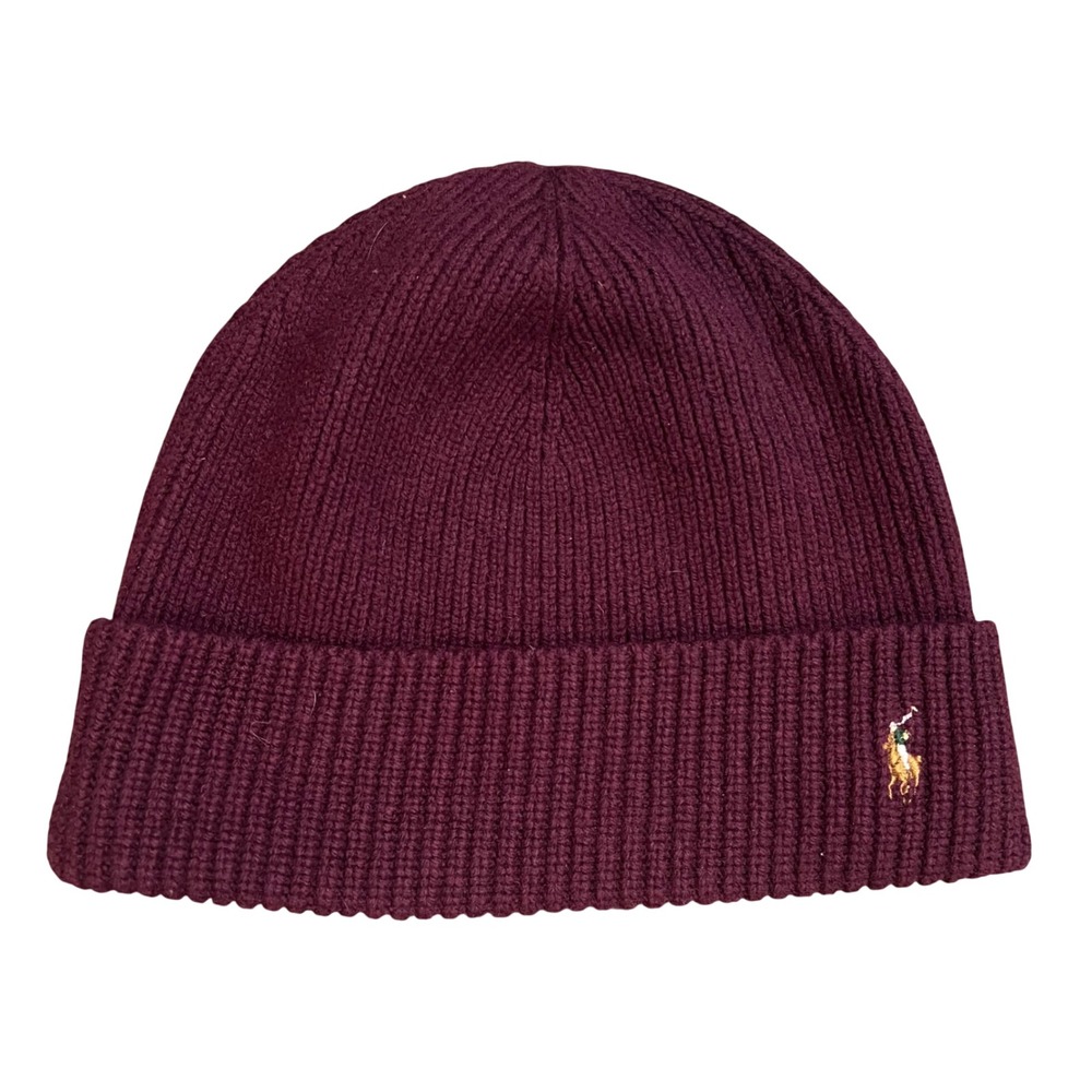 Polo Ralph Lauren Burgundy 100% Merino Wool Ribbed Knit Beanie Hat Pony Logo